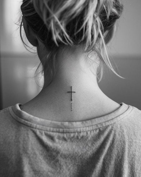 Minimalist Cross Tattoo with Dots on Woman's Neck - Black and White Photography